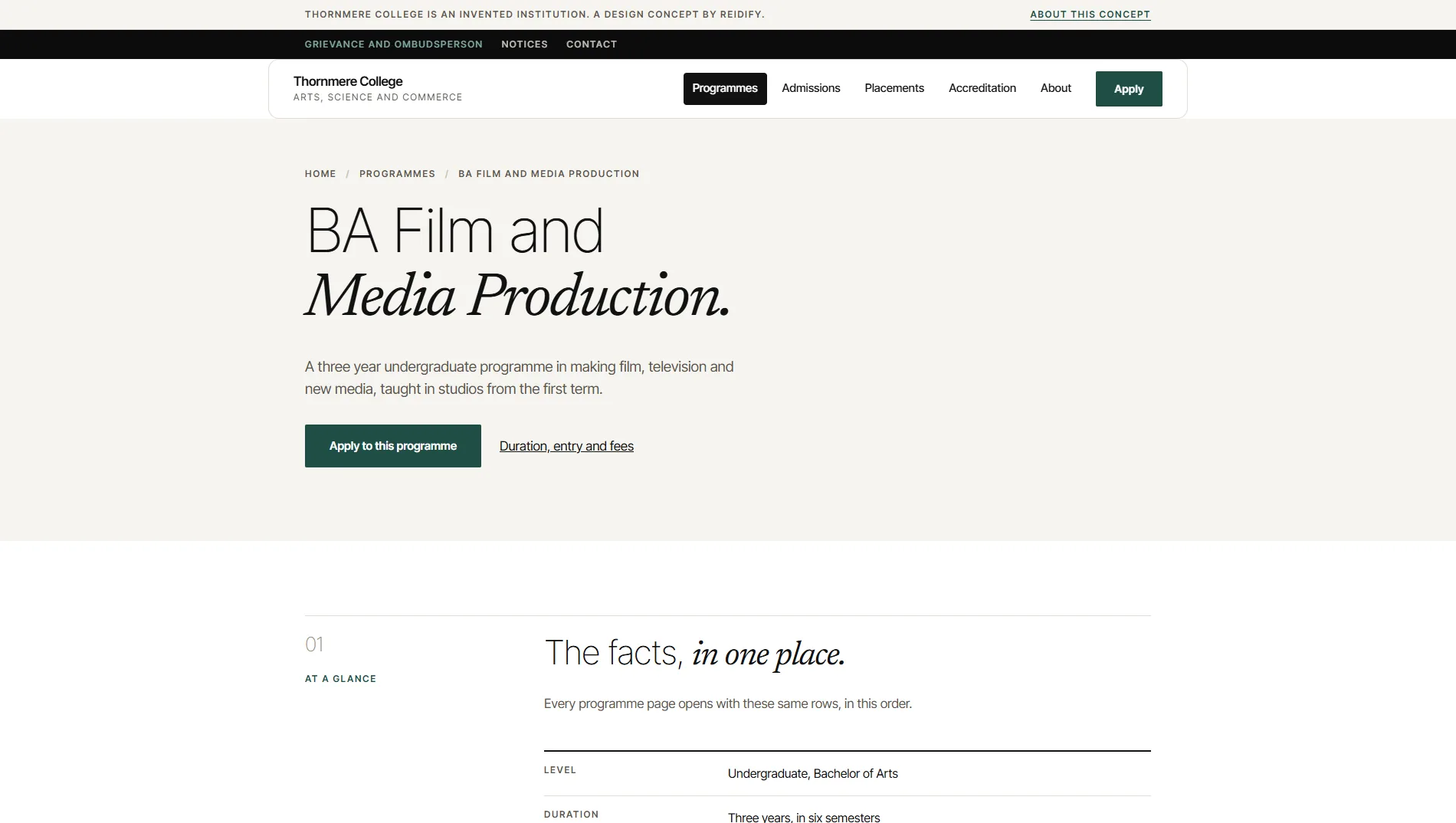 Thornmere: A programme page that opens with the facts