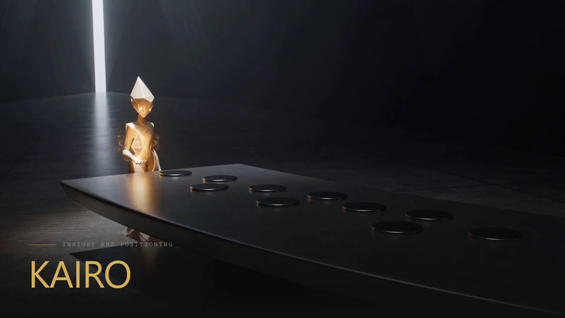 A cut of the five operator films. Each is introduced by a title card naming it and its discipline, in order: KAIRO, insight and positioning; VEKTOR, conversion and growth; ORBYT, discoverability and AEO; FORJA, build and execution; RION, structure and UX.