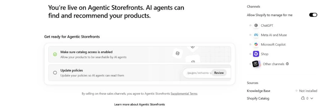 The same Agentic settings page on a second store. The headline says the store is live on Agentic Storefronts and AI agents can find and recommend its products. Allow Shopify to manage for me is switched on.