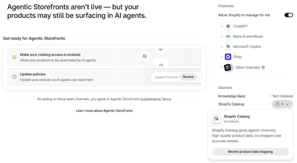 The second store's Agentic page 42 minutes later. The headline now says Agentic Storefronts aren't live but products may still be surfacing in AI agents. Allow Shopify to manage for me is still on. An open panel under Sources reads Shopify Catalog, 0 products.