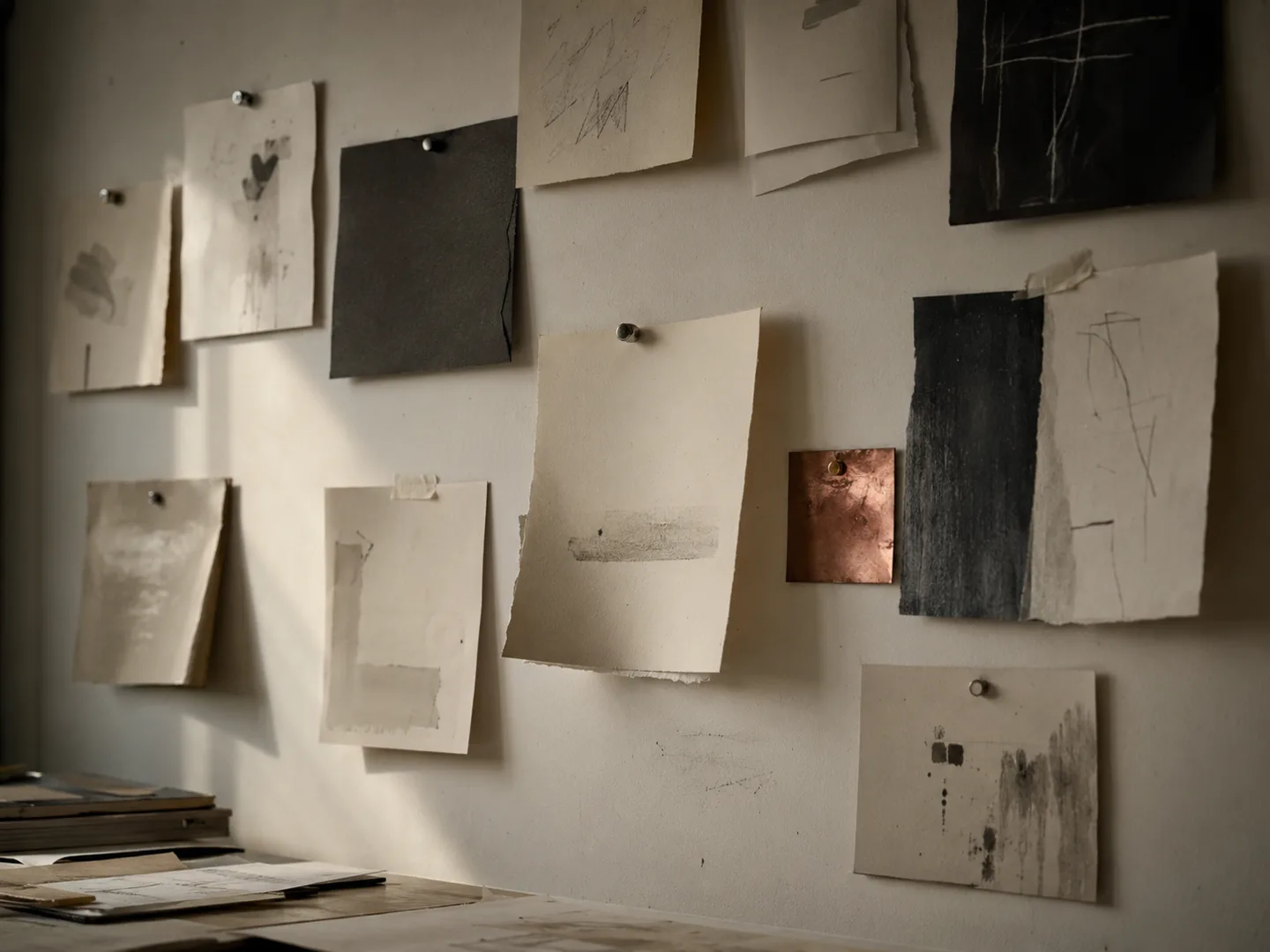 A studio wall pinned with paper studies, printed sheets, and a copper sample.