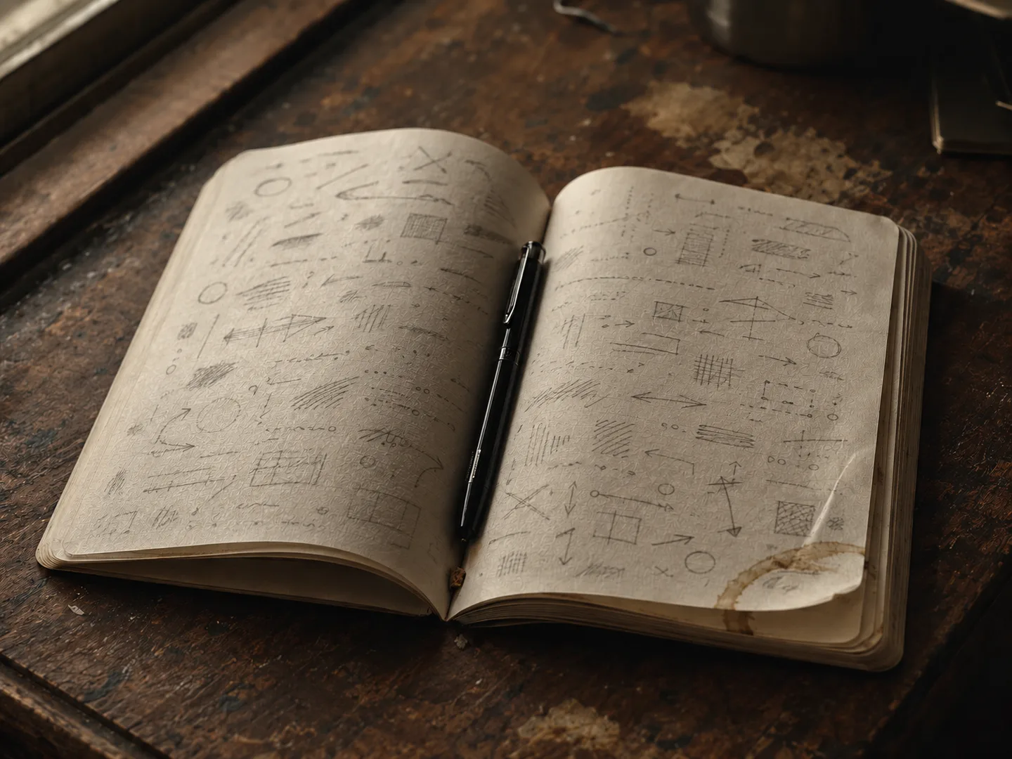 An open working notebook filled with handwritten layout studies, a pen resting in the gutter.