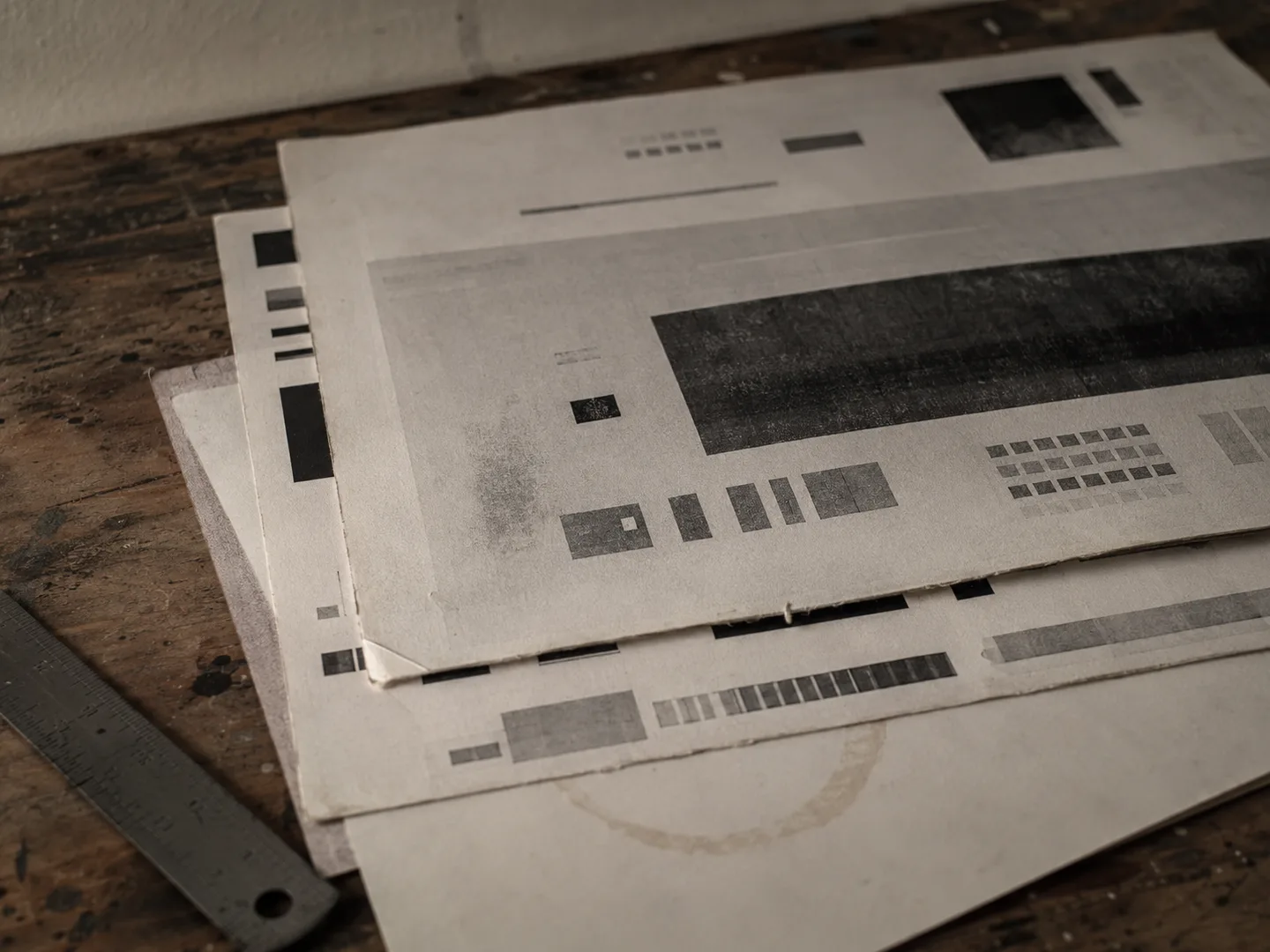 Printed type specimen sheets stacked at an angle on a wooden surface.