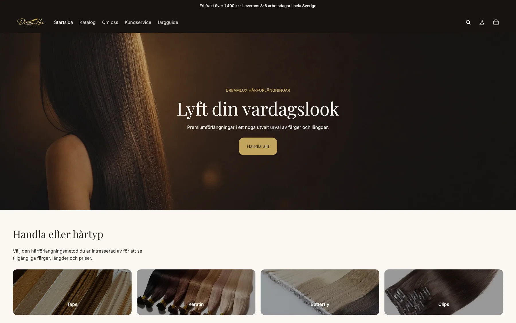 Screenshot of the live DREAM LUX site: The live storefront, with the category system in use.