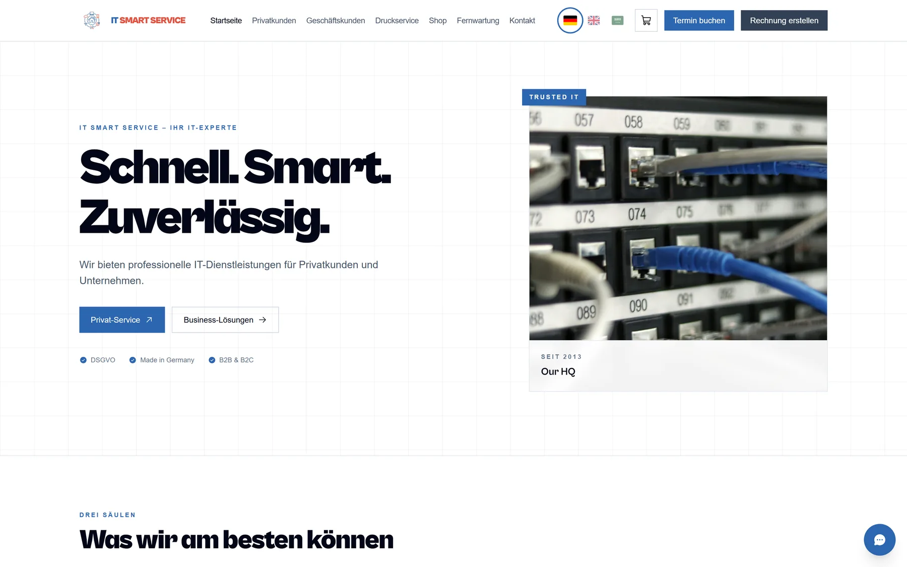 Screenshot of the live IT Smart Service site: The live homepage, leading with the two service routes for private and business customers.