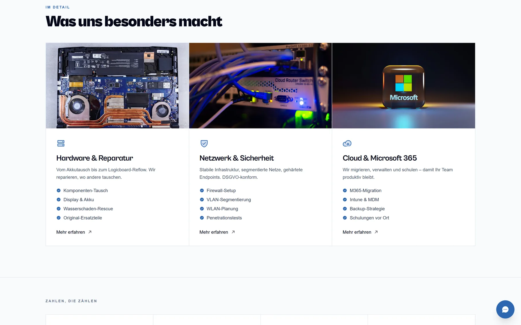 Screenshot of the live IT Smart Service site: The capability band: hardware and repair, network and security, cloud and Microsoft 365.