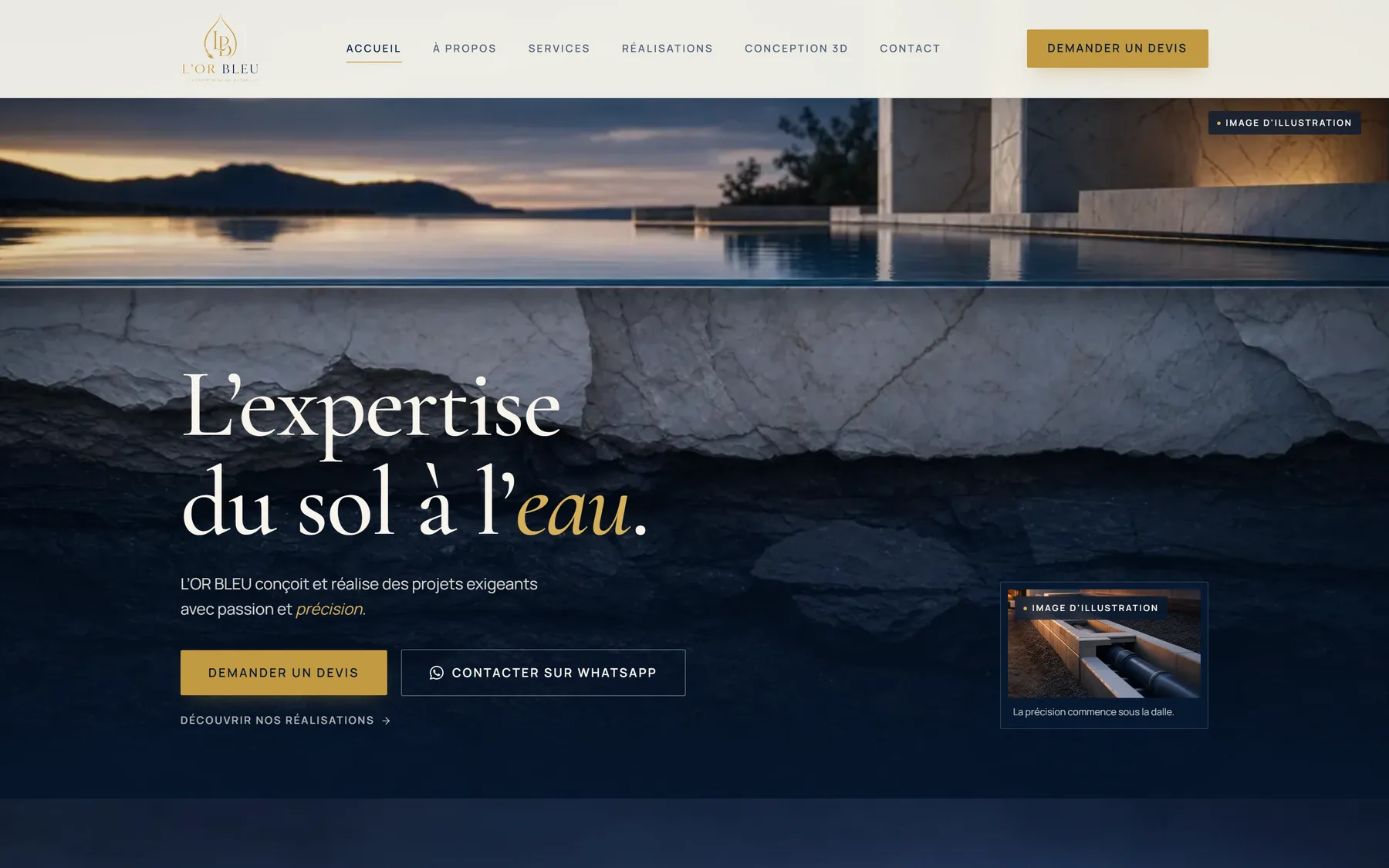 Screenshot of the live L'OR BLEU site: The homepage, opening on the identity system in its final applied form.