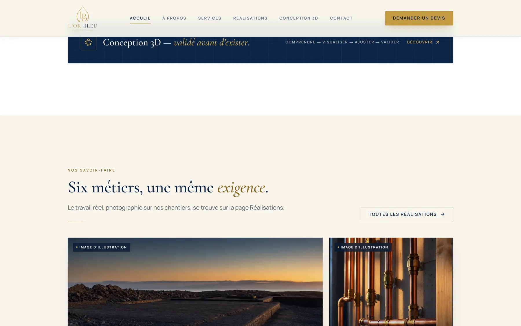 Screenshot of the live L'OR BLEU site: The trades index, six disciplines held in one layout.