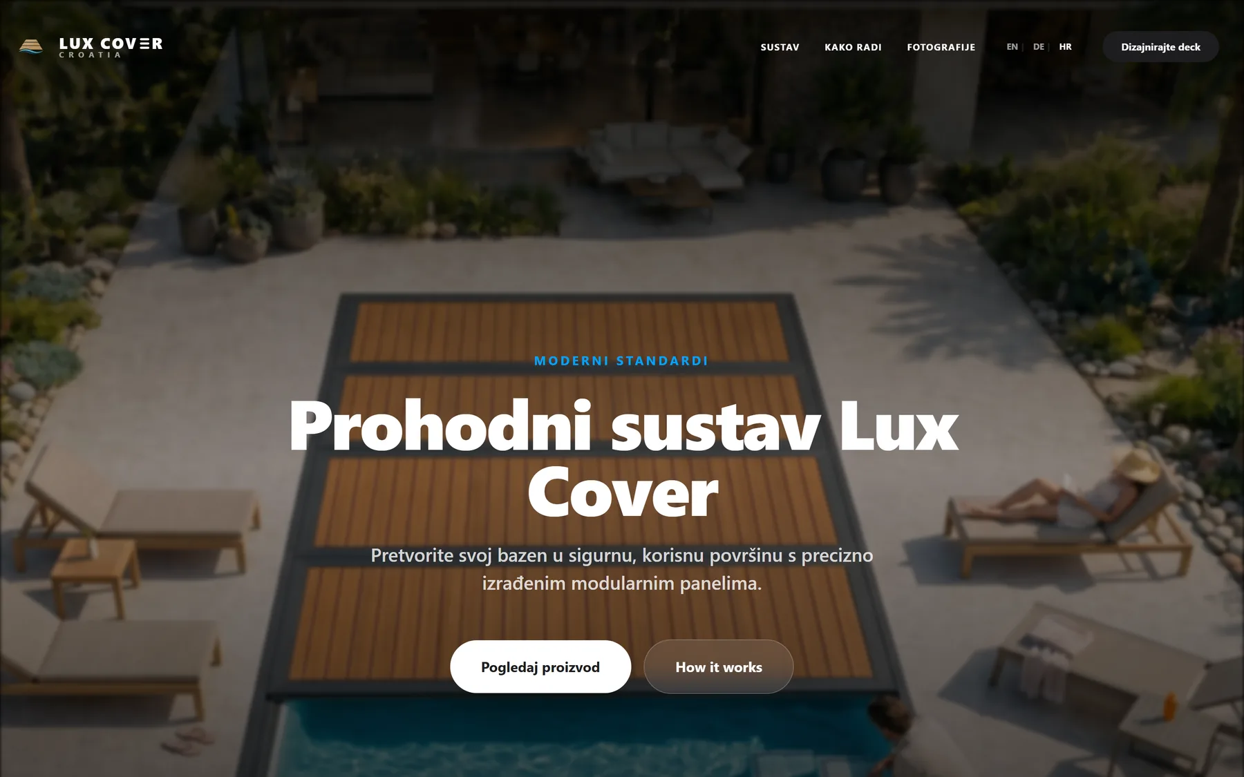 Screenshot of the live Lux Cover Croatia site: The product homepage in Croatian, leading with the installed system.