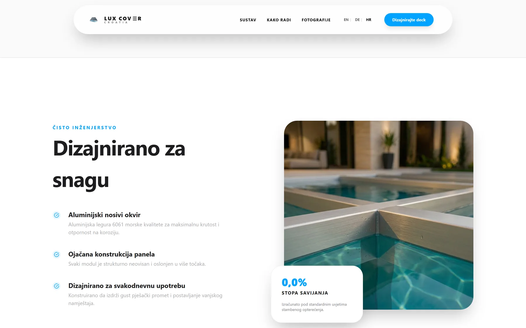 Screenshot of the live Lux Cover Croatia site: The load-bearing detail page, specification presented as an argument.