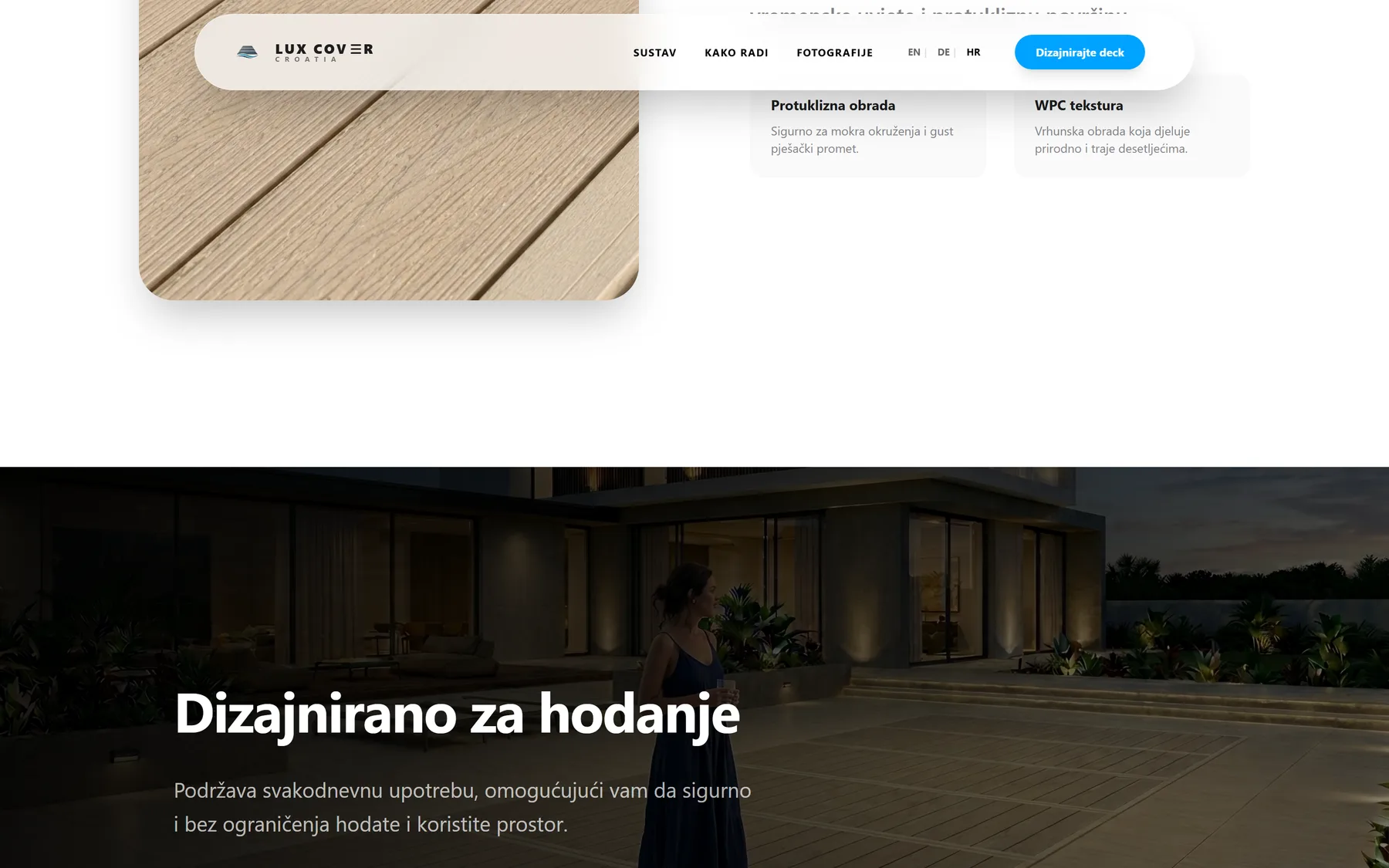 Screenshot of the live Lux Cover Croatia site: The walkable-surface section, shot in a real installed space.