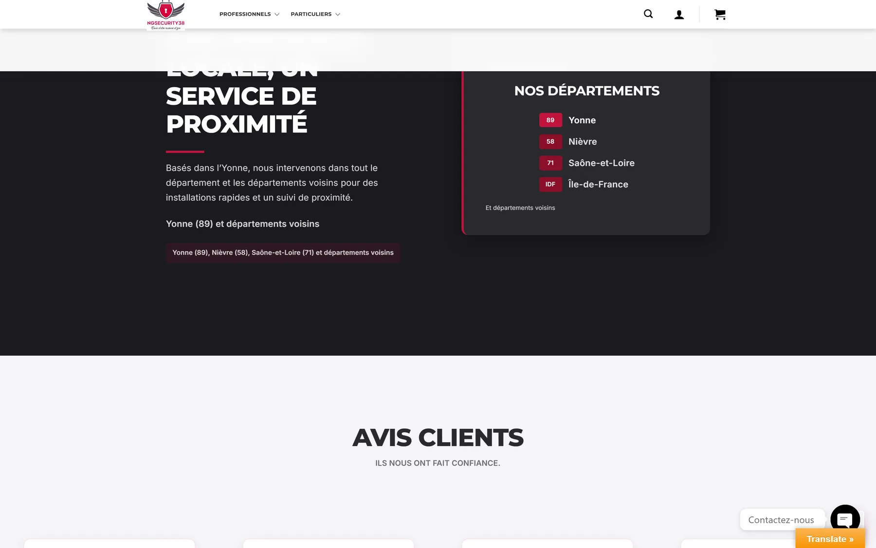 Screenshot of the live NG Security 38 site: Local-coverage detail alongside the published client reviews.