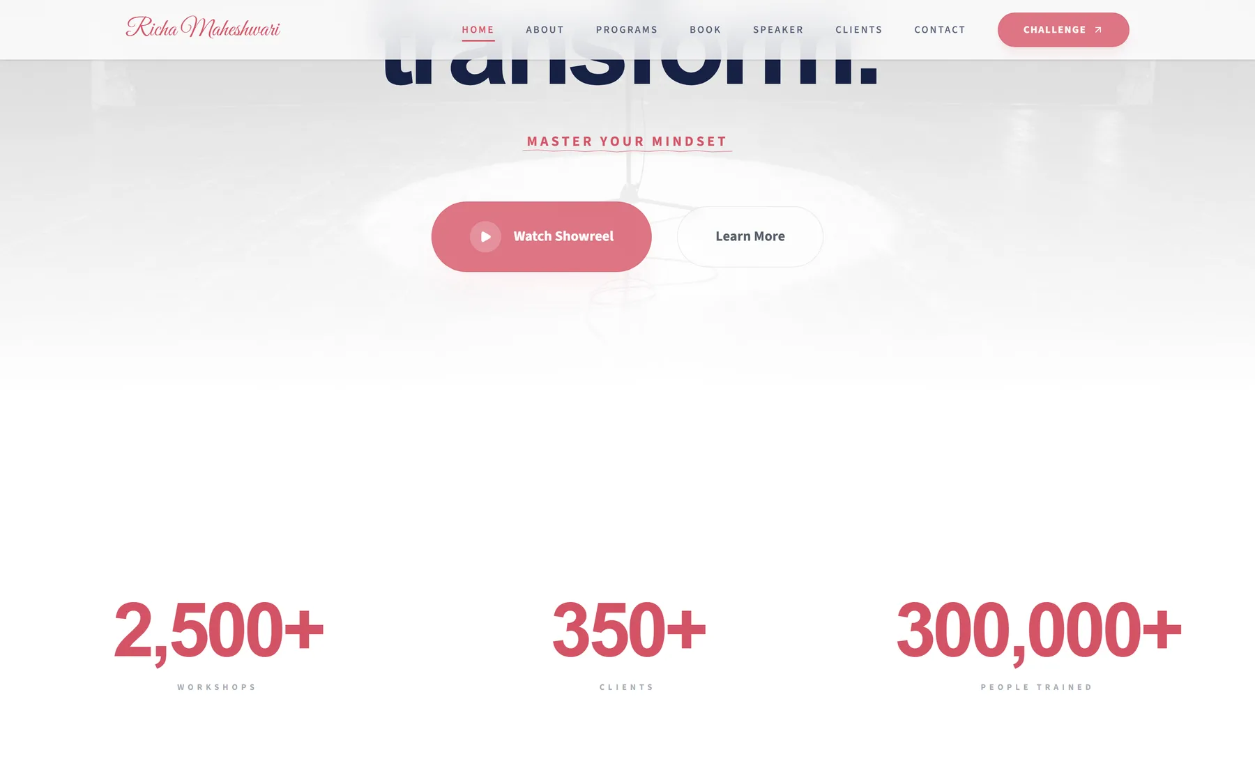 Screenshot of the live Richa Maheshwari site: The results band. These are the client's own published figures, not Reidify metrics.