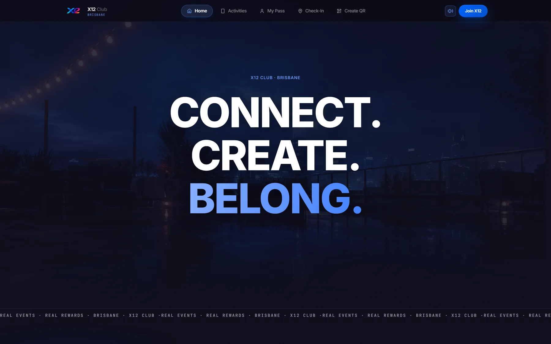 Screenshot of the live X12 site: The live homepage, with the member navigation and check-in entry points.