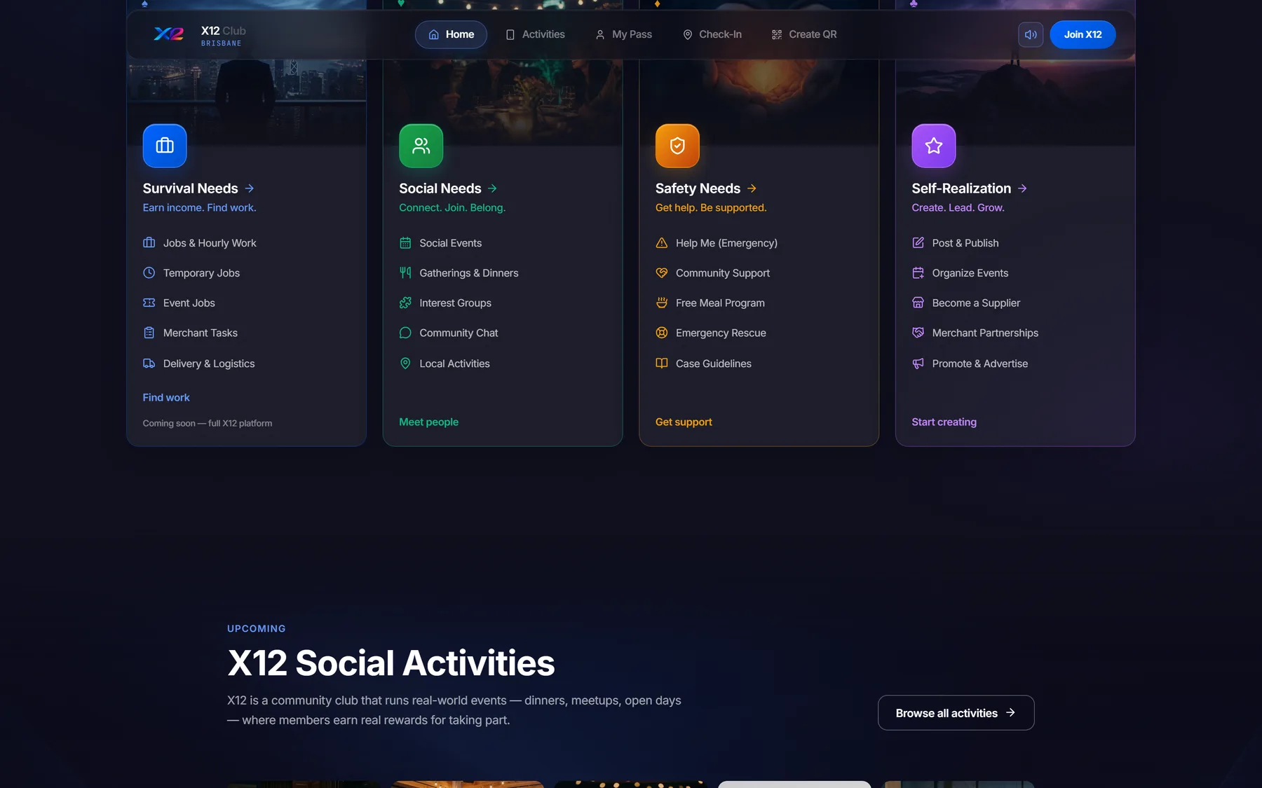 Screenshot of the live X12 site: The activities index, where members browse what is on.
