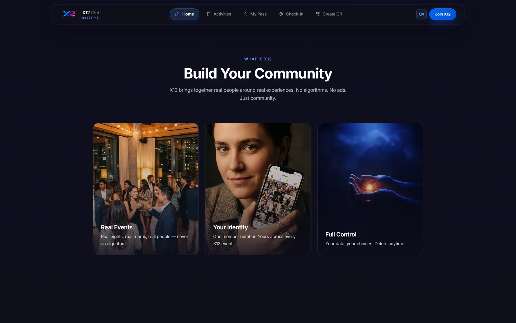 Screenshot of the live X12 site: The community section, built around real events rather than listings.